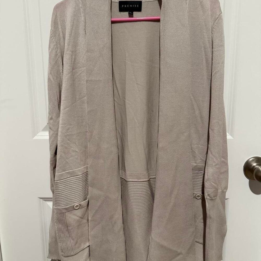 Premise Women’s LG Taupe Long Open Front Cardigan Duster Shawl Collar Pockets